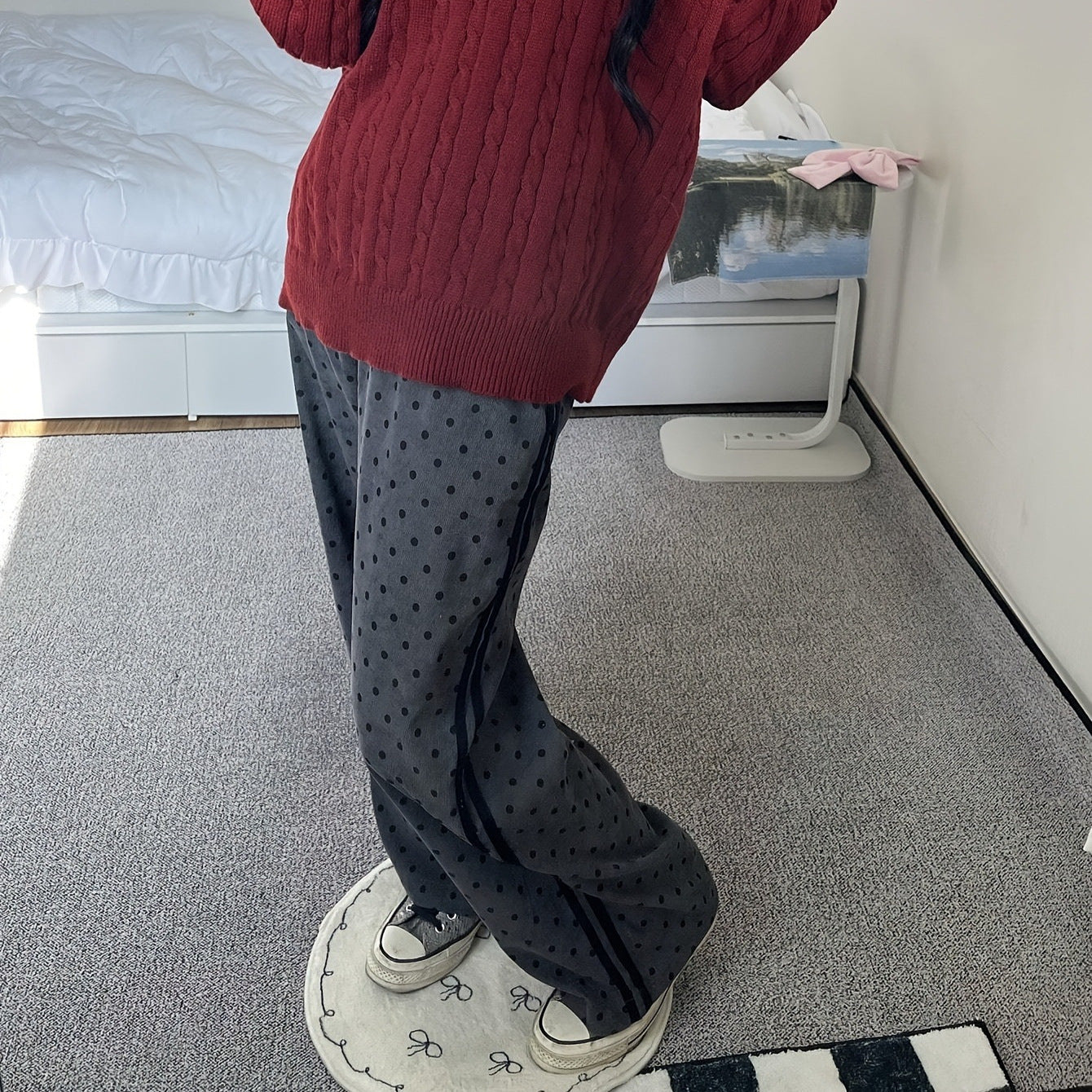 Wide-leg drawstring pants with polka dots