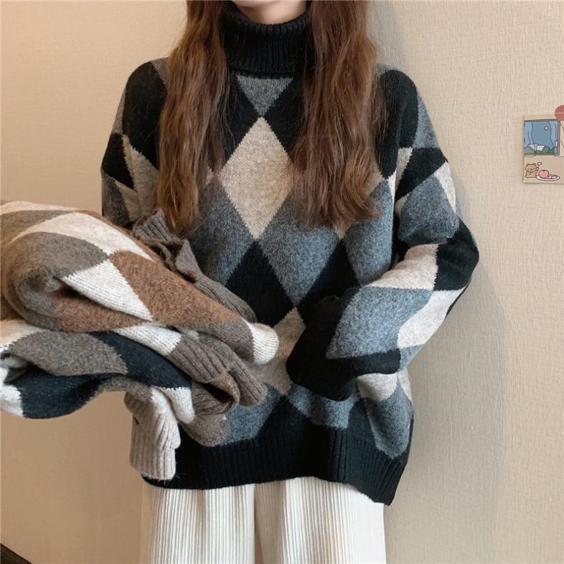 Retro Diamond Plaid Turtleneck Sweater for Women