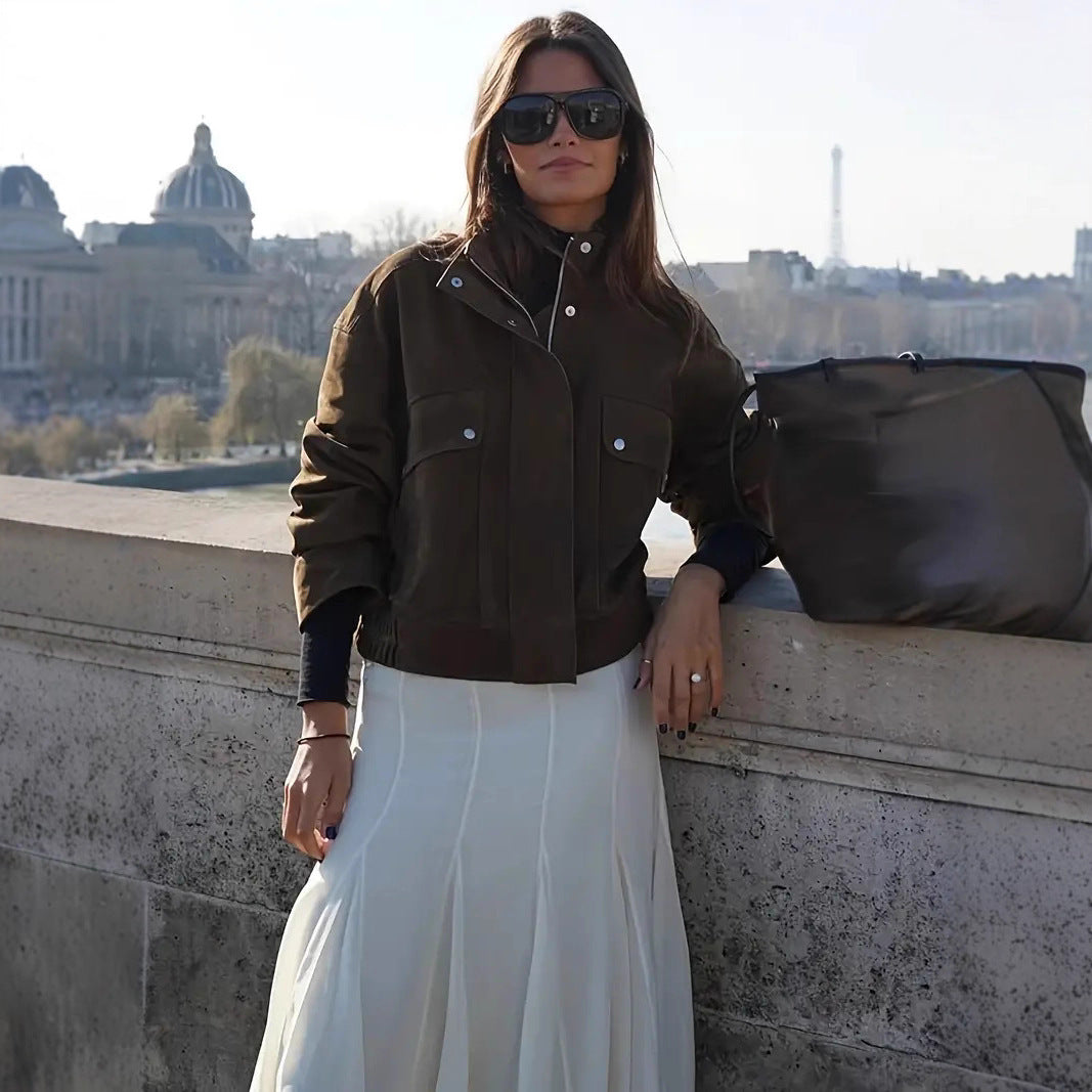 Women's Brown Zipper Trench Coat - Stylish Commute Jacket