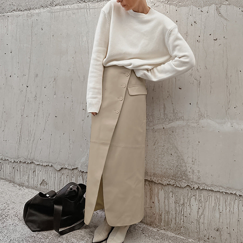 Elegant Vintage Khaki Leather Skirt