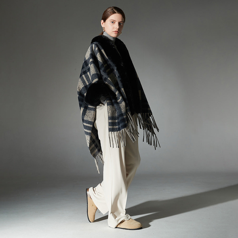 Navy Blue Plaid Shawl with Fur Collar