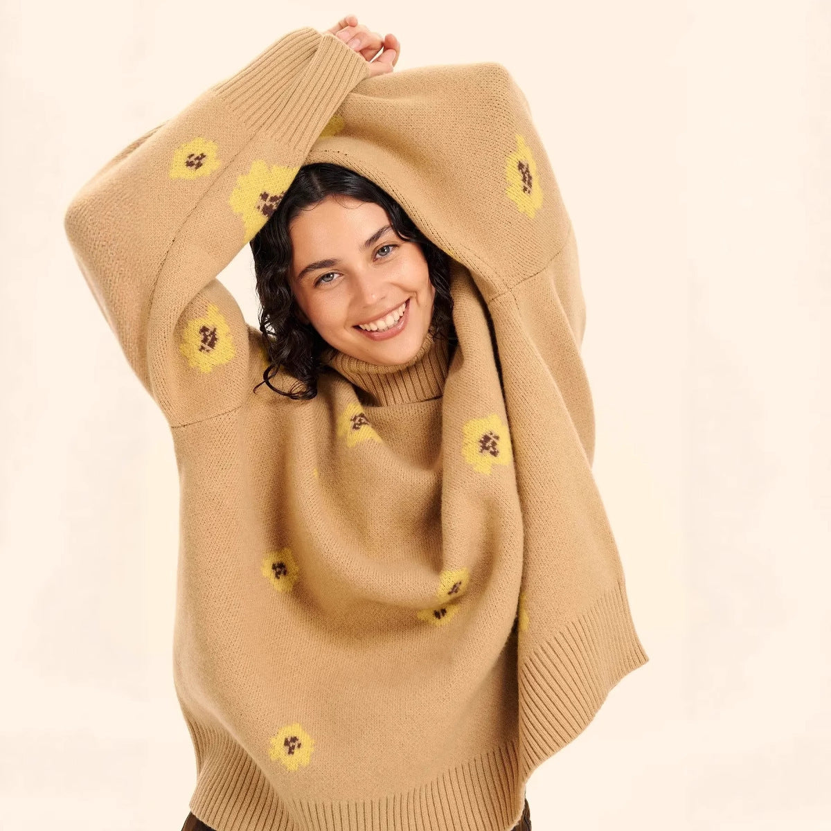 Flower Jacquard Turtleneck Sweater for Women