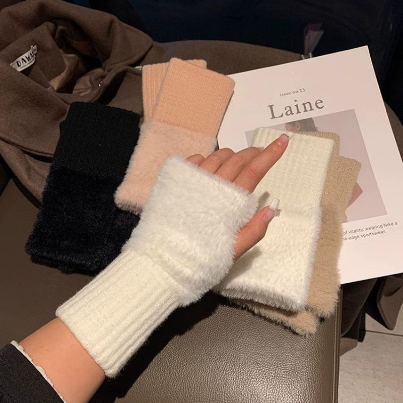 Plush Knitted Fingerless Gloves for Women