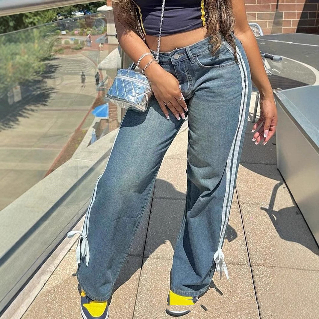 Straight Denim Mop Pants with a High Waist