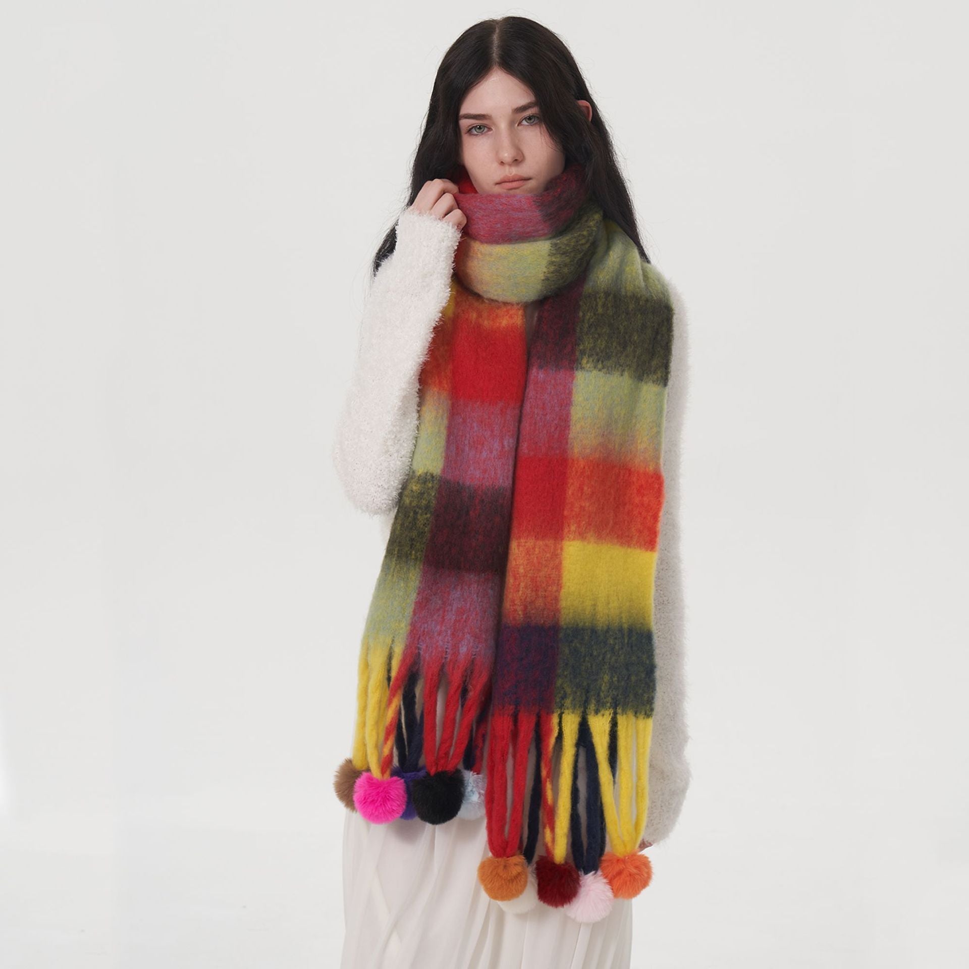 Colorblock Tassel Ball Mohair Scarf